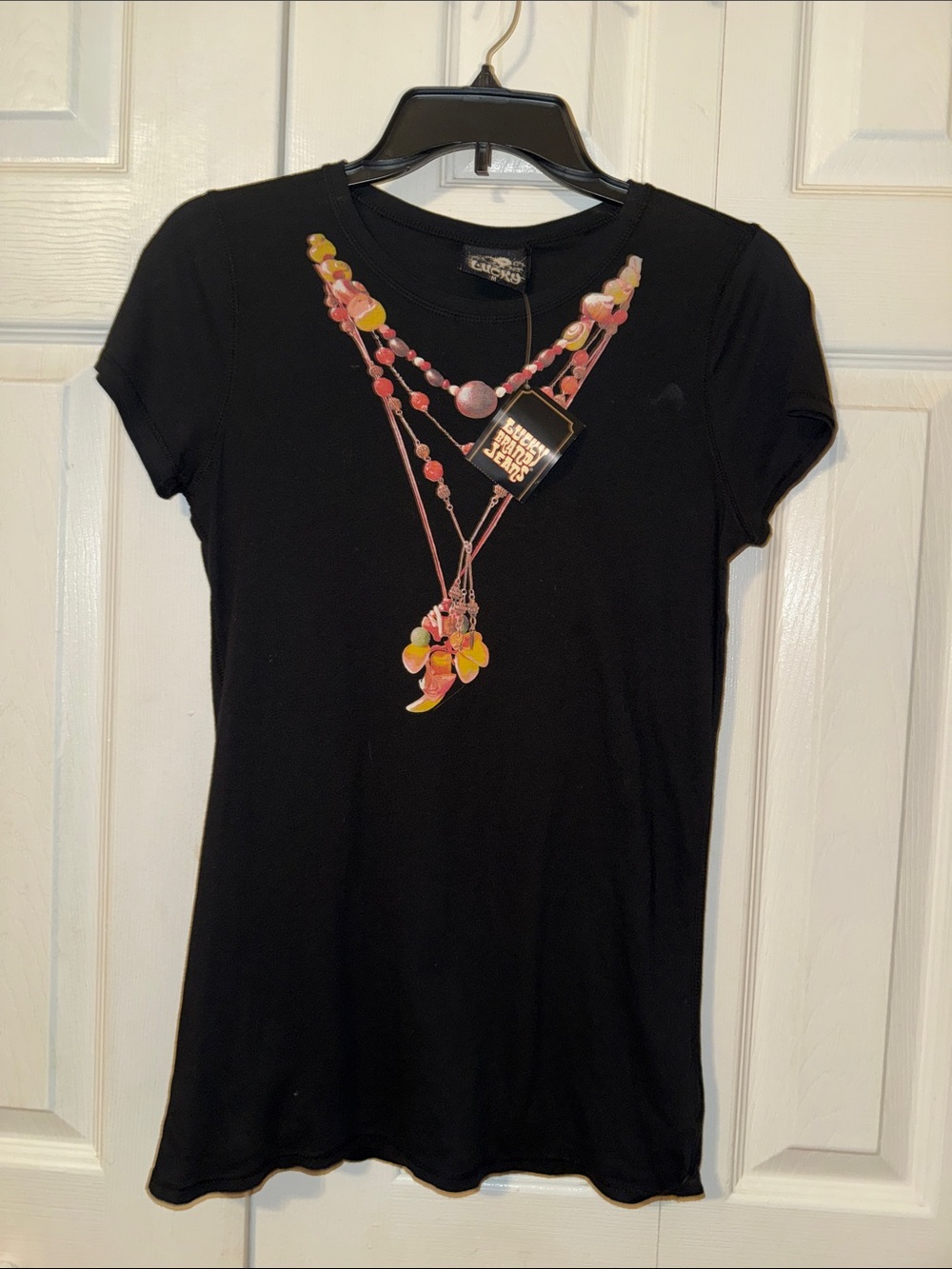 Lucky Brand Black Tee with Pink and Yellow Necklace Graphic